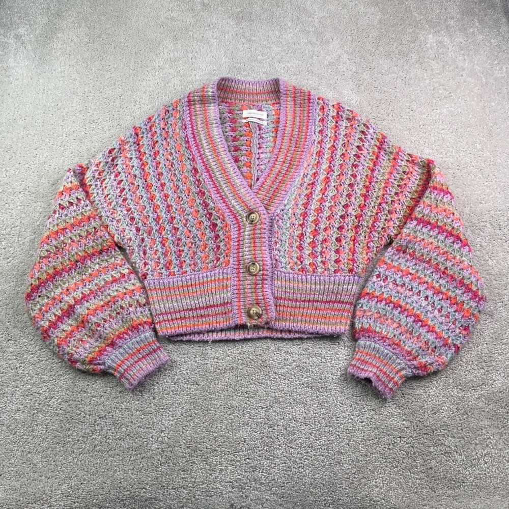 Urban Outfitters Cardigan Womens Medium Purple Multi Nora Cropped Chunky Boho